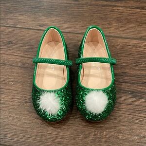 Green Glitter Kids Shoes with Pom Pom